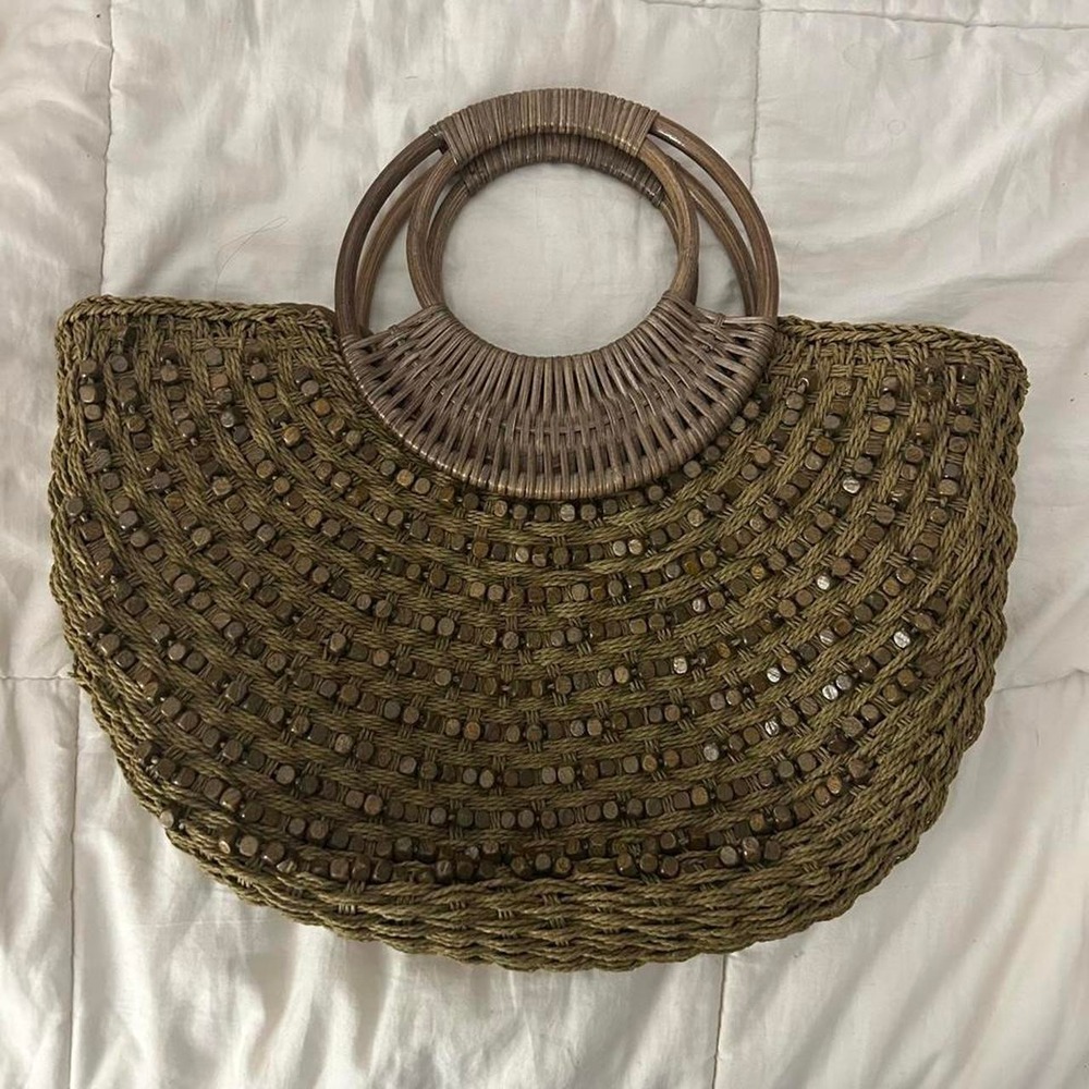 'Summer brown beaded straw bag/handbag beach bag with wooden handle